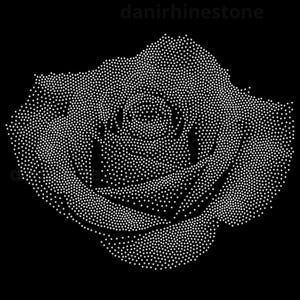 May include: A rose design created with white rhinestones on a black background. The floral pattern is formed by dense clusters of individual stones, creating a detailed silhouette of a blooming rose. The text danirhinestone is visible.