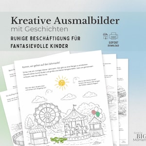 May include: Black and white coloring pages with illustrations of a carnival, including a Ferris wheel, carousel, and food stalls. Text at the top reads "Creative Coloring Pages with Stories" and "Quiet Activities for Imaginative Children."