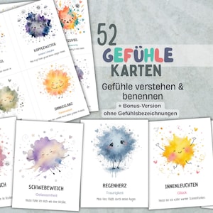 Könnte beinhalten: Ein Set aus 52 Karten mit Aquarellillustrationen von farbenfrohen, ausdrucksstarken Charakteren, die verschiedene Gefühle darstellen. Jede Karte enthält einen deutschen Titel und beschreibenden Text. Der Text 52 GEFÜHLE KARTEN ist in großen, bunten Buchstaben gedruckt.