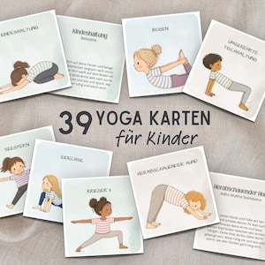 Può includere: Un set di 39 carte yoga quadrate per bambini con illustrazioni di varie posizioni come la posizione del bambino, l'arco e il cane a faccia in giù. Ogni carta mostra un personaggio dei cartoni animati in una posa yoga con etichette in tedesco.