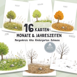 Könnte beinhalten: Ein Set aus 16 Karten mit Illustrationen von Monaten und Jahreszeiten mit Bäumen in verschiedenen Landschaften. Der Text lautet 16 KARTEN MONATE & JAHRESZEITEN Morgenkreis Kita Kindergarten Zuhause und SOFORT DOWNLOAD. Die Karten zeigen Bäume in grünen, orangen und kahlen Zuständen.