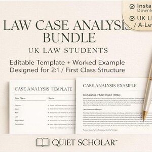 Puede incluir: Un paquete de plantillas y ejemplos de análisis de casos legales para estudiantes de derecho del Reino Unido. El texto incluye "Law Case Analysis Bundle", "UK Law Students" y "Editable Template + Worked Example". Un bolígrafo descansa en el lado derecho de la imagen.