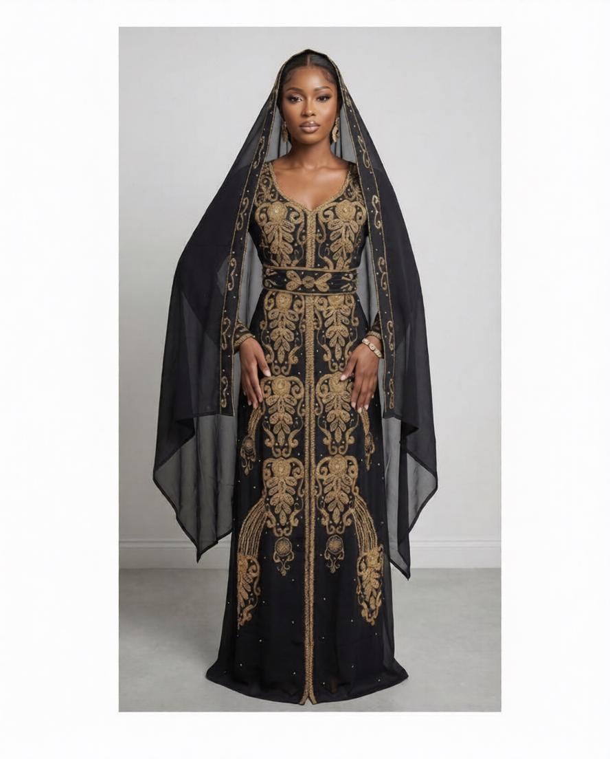 slim fit dress slacks Black Custom Size Heavy Gold Sequins Embellished Islamic Henna Kaftan Gown main image 0