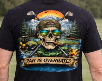 Par es sobrevalorado Golf Calavera Tee Impresión en la parte posterior / Compensación Golf