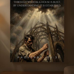 Pode incluir: Uma impressão artística que apresenta um homem puxando uma corda em direção a uma estrutura gótica sob um céu dramático. O texto inclui "Com sabedoria se edifica a casa, e com inteligência ela se firma" e "Provérbios 24:3".