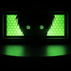 May include: A glowing green anime-style character with illuminated eyes and hair, peering through a rectangular frame. The background features a honeycomb pattern, all set against a dark backdrop. The overall effect is a striking, neon-lit design.