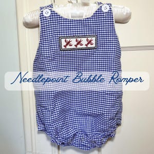 Blue Gingham Baby Bubble Romper with Hand-Stitched Needlepoint Lobster Decal