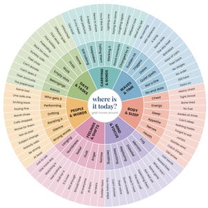May include: A circular infographic titled The Grief Wheel, divided into six coloured segments labelled Days & Tasks, Carrying & Bonds, Waves & Time, Body & Sleep, Mind & Focus, and Feelings & Shifts, with text detailing various grief experiences.