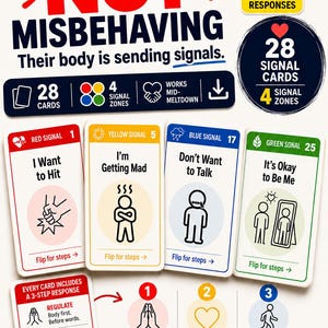 Puede incluir: Un juego de 28 tarjetas de señales para niños de 4 a 12 años, con cuatro zonas codificadas por colores: rojo, amarillo, azul y verde. Cada tarjeta muestra una señal específica, como I Want to Hit o I'm Getting Mad, con una guía de respuesta de 3 pasos para regular, conectar y redirigir.