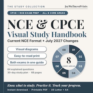 May include: A NCE and CPCE Visual Study Handbook with text reading The Study Collection, JoyWellnessPrints, CPCE + NCE Exam Prep, All 8 Core Areas, Current NCE Format + July 2027 Changes, 64 explained questions, 30-day study plan, 68 pages.