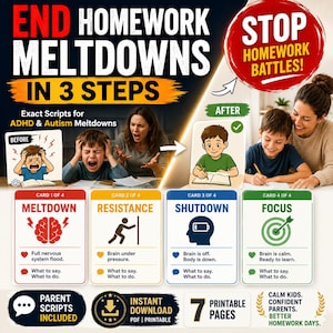 May include: A digital educational resource titled END HOMEWORK MELTDOWNS IN 3 STEPS featuring four color-coded cards labeled MELTDOWN, RESISTANCE, SHUTDOWN, and FOCUS. The graphic includes illustrations of a child and parent, text scripts for ADHD and Autism, and a note that 7 printable pages are included as an instant PDF download.