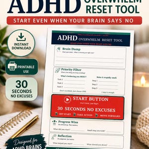 ADHS Planer Printable für Erwachsene | ADHS Tagesplaner | Arbeitsblatt für Exekutivfunktion | Gehirn Dump Sheet | Fokus- & Produktivitäts-Tool