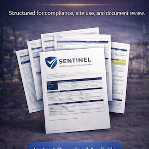 May include: A stack of white documents with the text "Professional RAMS Documentation" and "SENTINEL RAMS & Compliance Documentation." The documents are structured for compliance, site use, and document review. A blue button reads "Instant Download Available."