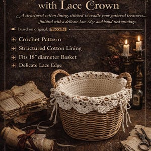 May include: A woven basket lining with a lace crown. The basket lining is made of structured cotton and fits a 45.7 cm diameter basket. The design includes a delicate lace edge and hand-tied openings. The image also includes text that says "Crochet Pattern", "Structured Cotton Lining", "Fits 18" diameter Basket", and "Delicate Lace Edge".