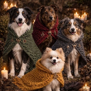 May include: Four dogs wearing crocheted capes in shades of green, red, gray, and gold, each fastened with a decorative clasp. The image includes the text "The Christmas Witch Shop" and "Crochet Patterns & Spooky Vibes."