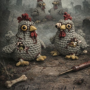 Op de afbeelding: Afbeelding van een gehaakt zombiekip patroon. De kippen zijn grijs met rode kammen en gele ogen. De afbeelding bevat een bot, een spin en een schroevendraaier. Tekst luidt "Zombie Chicken Pattern" en "The Christmas Witch Shop".