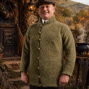 May include: A textured olive green knit cardigan featuring a shawl collar and a front button closure with light brown wooden buttons. The garment is worn over a white collared shirt and is paired with a dark brown flat cap and dark trousers.