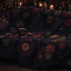 Puede incluir: Una manta de ganchillo gris oscuro con patrones florales coloridos está sobre un sofá gris oscuro. Una almohada a juego y una taza negra con un diseño de luna y estrellas están sobre la manta. La escena está tenuemente iluminada con velas.
