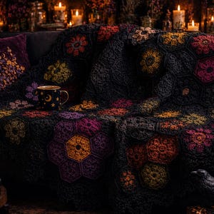 Virkmönster med hexagoner i midnattsträdgård | Gotisk blommig afghansk filt (PDF-nedladdning)