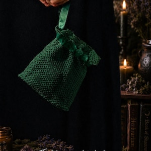 Virkmönster för väska i nät från Emerald Witch i PDF-format, vintage handväska med dragsko, mönster för gotisk viktoriansk väska, aftonväska i Cottagecore
