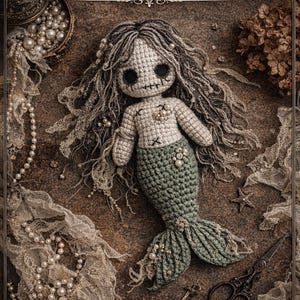 Może przedstawiać: Szydełkowa martwa syrena z długimi, szarymi włosami i zielonym ogonem. Lalka ma czarne oczy i jest ozdobiona perłami. Obraz zawiera tekst "Dead Mermaid Doll Crochet Pattern" i "The Christmas Witch Shop."