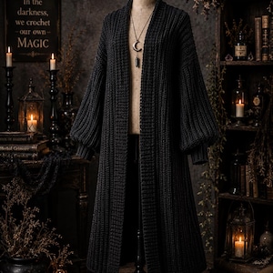 Shadow Duster Crochet Cardigan Pattern | Gothic Ribbed Bishop Sleeve (PDF Pattern)