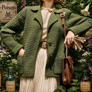May include: A green textured jacket with a brown leather purse and gloves. The jacket has two front pockets and a button closure. A sign that says "Poison" is visible in the background.