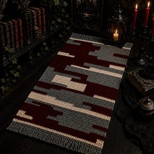 May include: A rectangular crochet rug featuring a geometric pattern in deep burgundy, slate grey, and cream. The rug is constructed with a textured stitch and finished with short, straight grey fringe along the two shorter ends of the piece.