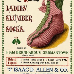 Patrón de punto para calcetines de dormir victorianos para dama / Calcetines de cama antiguos / Ilustración de punto vintage a color / Descarga digital