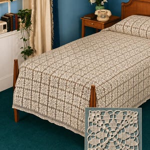 Puede incluir: Una colcha de ganchillo de color crema con un patrón floral repetido cubre una estructura de cama de madera. Se ve una almohada a juego. Se muestra un pequeño cuadrado detallado del patrón de ganchillo. La habitación tiene una pared azul y una alfombra turquesa.
