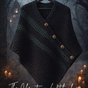 May include: A dark grey Blackwood Cloak Poncho with green stripes and gold buttons. The poncho is displayed on a hanger against a blurred background. The text "Blackwood Cloak Poncho" is at the top. The text "The Christmas Witch shop" is at the bottom.
