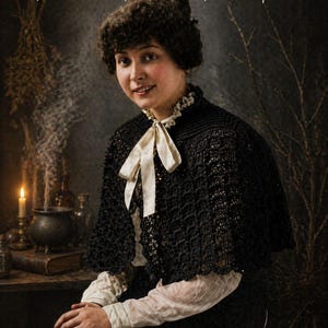 May include: A woman wearing a black crocheted cape and a matching hat, with a white bow at the neck. The image has the text "The Christmas Witch shop" at the top and "Crochet Patterns & Spooky Vibes" at the bottom.