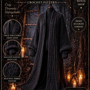 May include: A dark gray crochet pattern for "The Shadow Duster Cardigan" is displayed. The image shows a long, flowing cardigan with balloon sleeves and a ribbed texture. Text includes "Cozy, Dramatic, Unforgettable" and "Beginner Friendly".