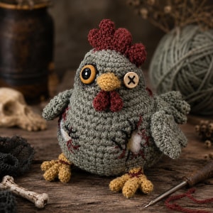 May include: A handmade crochet chicken with a gray body, red comb and wattle, and yellow feet. The chicken has button eyes and a button with an X on it. It has patches sewn on with red thread, giving it a rustic, slightly spooky appearance.