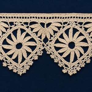 May include: A beige crochet lace trim featuring two repeating square motifs with central circular openings and radiating petal-like spokes. The top edge is straight with a horizontal band, while the bottom edge has a pointed, scalloped finish.