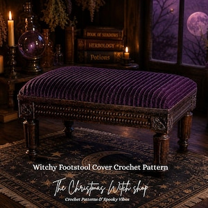 May include: A dark wooden footstool with a plush, ribbed purple velvet top. The legs and frame are intricately carved. The footstool sits on a patterned rug. The image has a witchy, gothic theme.