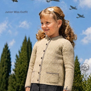 Patrón de cárdigan vintage para niña (tallas 4-6), suéter texturizado con botones.