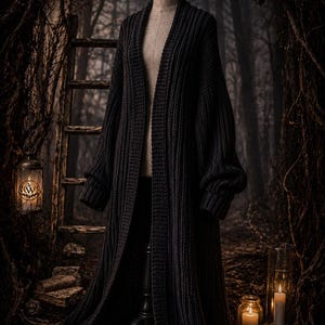 Puede incluir: Cárdigan largo negro, exhibido en un maniquí. El suéter tiene una textura de punto acanalado y mangas largas. El fondo presenta una escena de bosque con una escalera y una linterna.