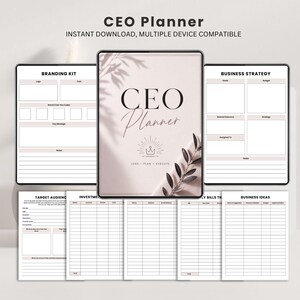 May include: A digital CEO Planner with a soft pink cover and the title "CEO Planner". The planner includes sections for branding, business strategy, target audience, and business ideas. The text "INSTANT DOWNLOAD, MULTIPLE DEVICE COMPATIBLE" is also visible.