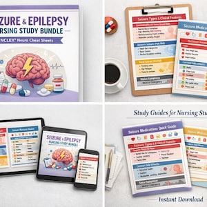 Könnte beinhalten: Eine Sammlung von Lernmaterialien für Krankenpflegeschüler, darunter ein Buch mit dem Titel "Seizure & Epilepsy Nursing Study Bundle" mit einer Gehirnillustration und einem Blitz. Auch Studienführer und digitale Geräte mit demselben Inhalt.