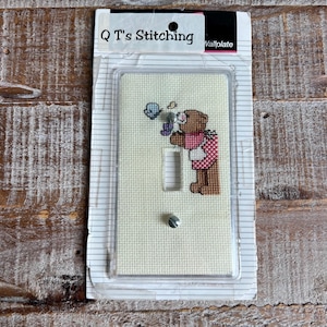 Kit de placa de interruptor de luz vintage com ponto cruz, capa de interruptor selada com ursinho de pelúcia para quarto infantil, decoração retrô de tapeçaria para quarto de criança.