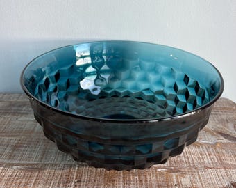 Vintage Whitehall Riviera Blau Große Schüssel Indiana Glas Kubist 11,5 ”Servierschüssel Kolonie Blaues Glas 1970er Jahre Mid Century Punch Chip Dip Schüssel