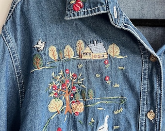 Camisa de mezclilla bordada Bobbie Brooks, azul, algodón, talla XL (16/18), para mujer, con estampado de manzanas, patos y estilo rústico.