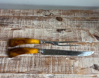Vintage E Parker & Sons Carving Set Bakelite Handles Sheffield England 3709 Stainless Steel Knife Meat Fork Mid Century Kitchen