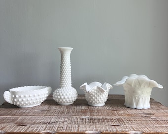 Vintage Milk Glass Vase Bowl Choose Style, Fenton Hobnail Bud Vase Oval Handled Dish Ruffled Bowl, Kemple Lace Dewdrop Planter Cottagecore