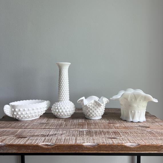 Vintage Milk Glass Vase Bowl Choose Style, Fenton Hobnail Bud Vase Oval Handled Dish Ruffled Bowl, Kemple Lace Dewdrop Planter Cottagecore