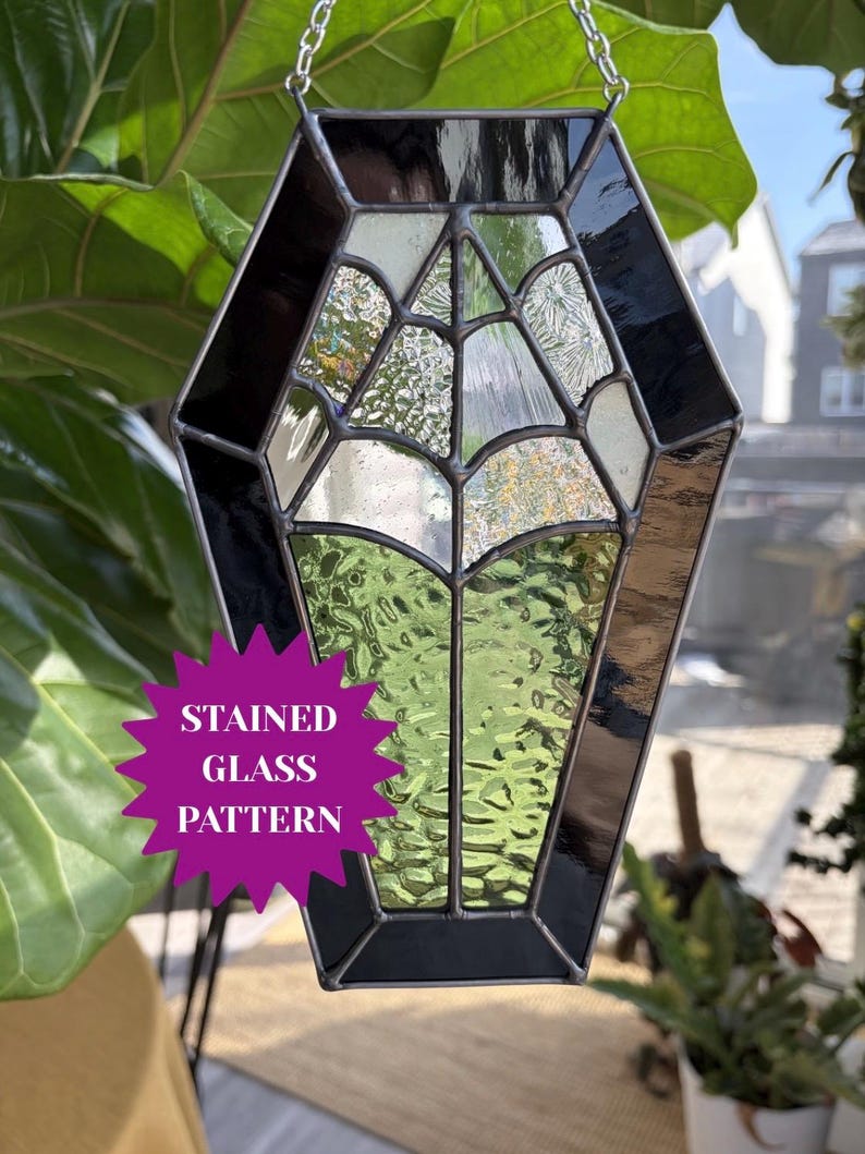 Stained Glass Coffin Pattern SVG PNG PDF | Coffin web Suncatcher Pattern | Spooky Stained Glass Design | Instant Download image 1