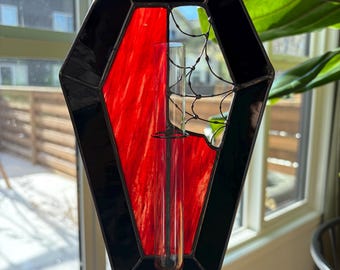 Stained Glass Coffin Propagation Station – Gothic Spider Web Plant Vase, Halloween Decor