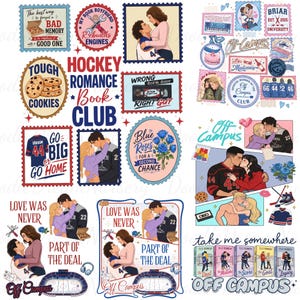 Puede incluir: Una colección de arte digital con ilustraciones románticas y texto. Los diseños incluyen sellos, portadas de libros y gráficos con frases como "Hockey Romance Book Club", "Off Campus" y "Love Was Never Part of the Deal."