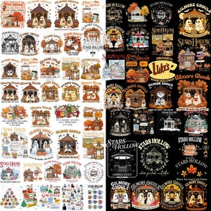 May include: A digital collage of numerous graphic designs featuring ghosts, gazebos, autumn foliage, and text including Gilmore Ghouls, Stars Hollow, and Luke's. The illustrations are arranged in a grid pattern against white and black backgrounds.